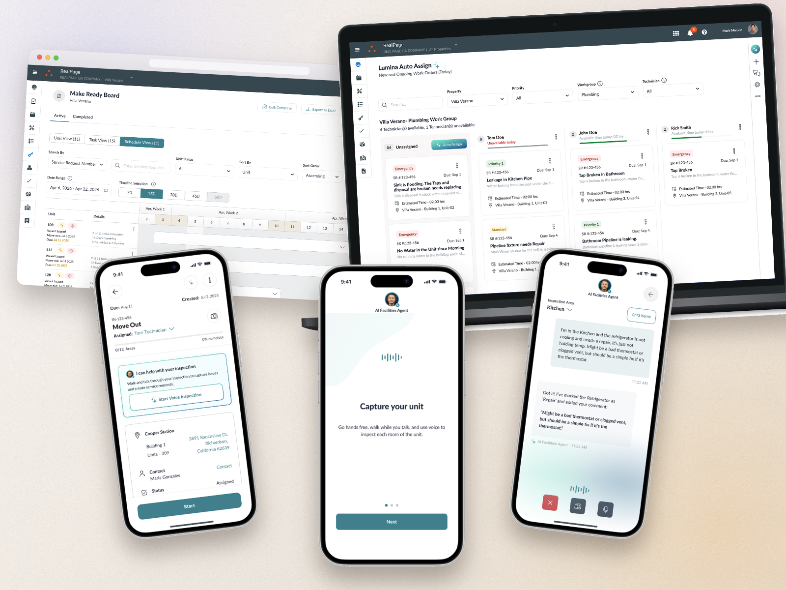 RealPage AI Suite &mdash; Voice Inspection on mobile, the Lumina Auto Assign work-order board, and the Make Ready scheduling board