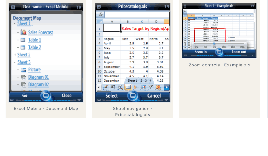 Excel Mobile — document map, sheet navigation, and zoom controls on Windows Mobile