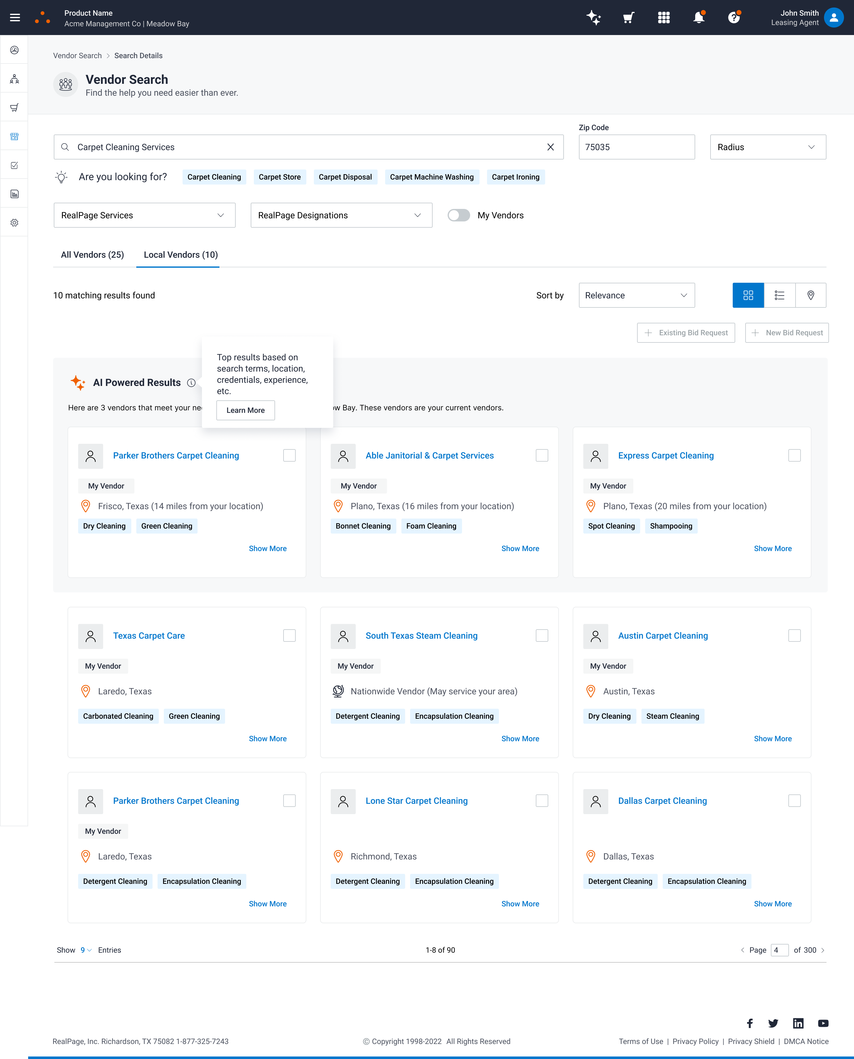 Smart Vendor Search — AI-powered vendor results in the RealPage console